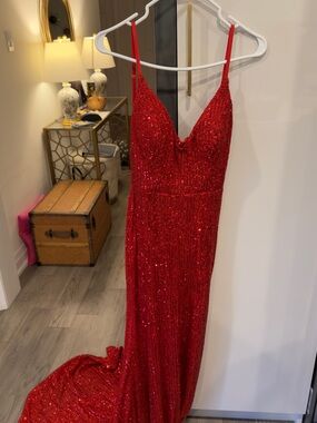 Sparkling Red Sequin V-Neck Spaghetti Strap Prom Gown